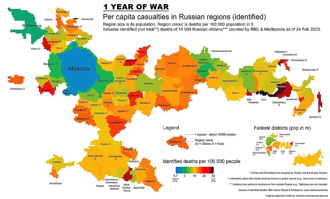 Tentara Rusia yang gugur per kapita di setiap wilayah