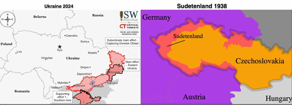 Perbandingan antara wilayah Ukraina yang diklaim oleh Rusia pada tahun 2022 dan wilayah Cekoslovakia yang diklaim oleh Jerman pada tahun 1938